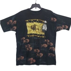 VTG Single Stitch‎ Art Unlimited Buffalo Bison Graphic T-Shirt Black All Over XL